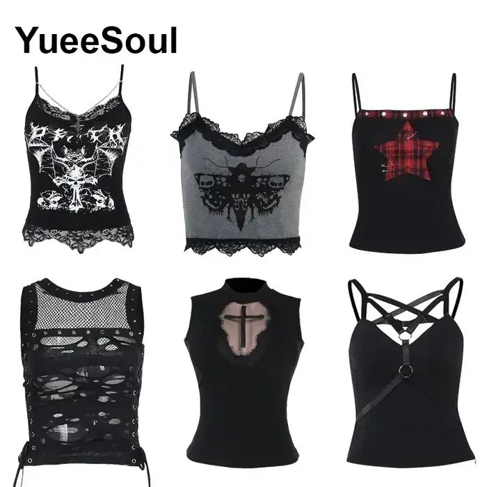 Crop tops gothiques noirs à fines bretelles en maille