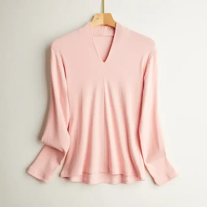 T-Shirt manches longues en soie brossée pour femme, haut moulant élastique, col en v, couleur unie