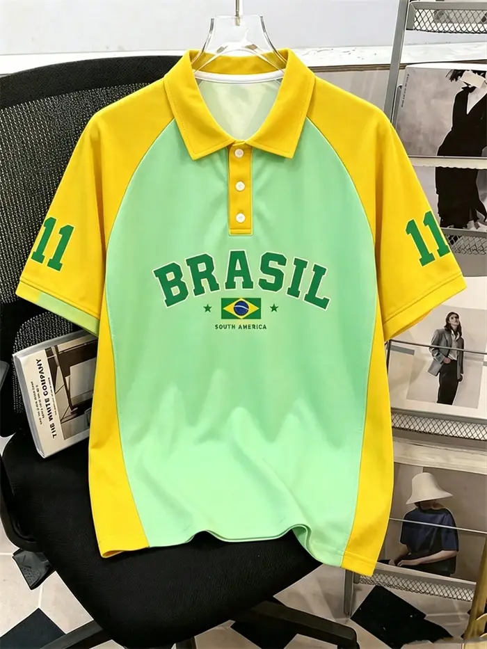 Nouveau T-shirt Polo Homme à Manches Courtes Motif Drapeau Brésilien Style Sportif