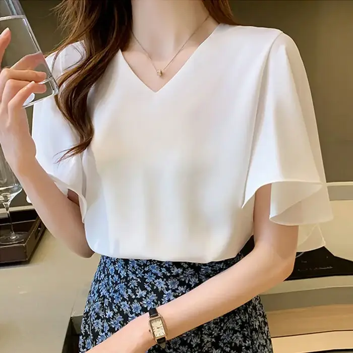 Chemisier Femme Col V Uni à Manches Papillon – Nouvelle Collection Été Décontractée Ample pour le Bureau