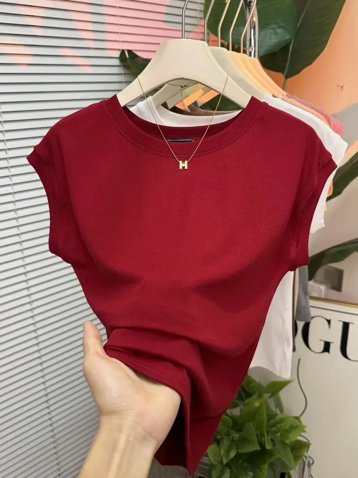 Raglan-T-shirt manches courtes col rond pour femme, rouge, élastique, à la mode coréenne, été