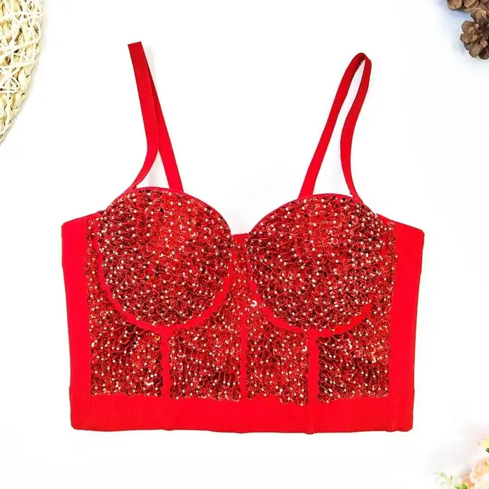 Haut court de danse latine noir 2026 pour femme – Gilet sexy à sequins sans manches