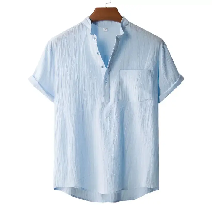 T-shirt d'été en coton et lin pour hommes, Style plage, manches courtes, col Henley, vacances hawaïe