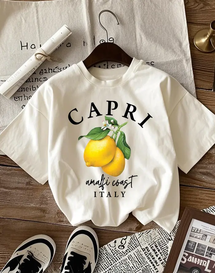 Capri citron est produit en italie imprimé femmes T-Shirts coton col rond manches courtes à la mode