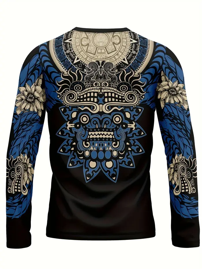 T-shirt à manches longues imprimé Quetzalcoatl pour homme 2026 avec graphiques aztèques numériques