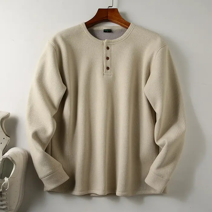 T-shirt en tricot gaufré à manches longues et col Henley pour hommes, doublure polaire épaisse
