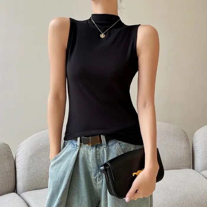 Débardeur à Col Rond pour Femme, Couleur Unie, Style Français, NikBasique, Mode, Fibre d'Été, Doux, 
