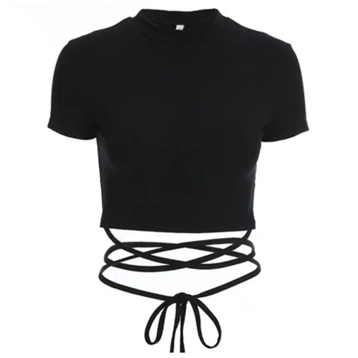 T-Shirts courts noirs pour femmes, sexy, manches courtes, bandage, été 2024