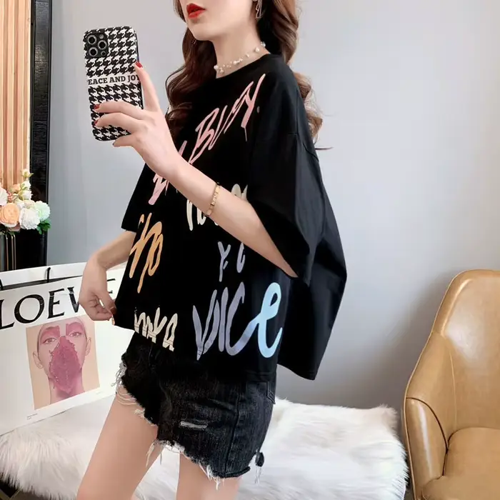 T-shirt manches courtes femme, haut court rose, esthétique, grande taille, décontracté, animé coréen
