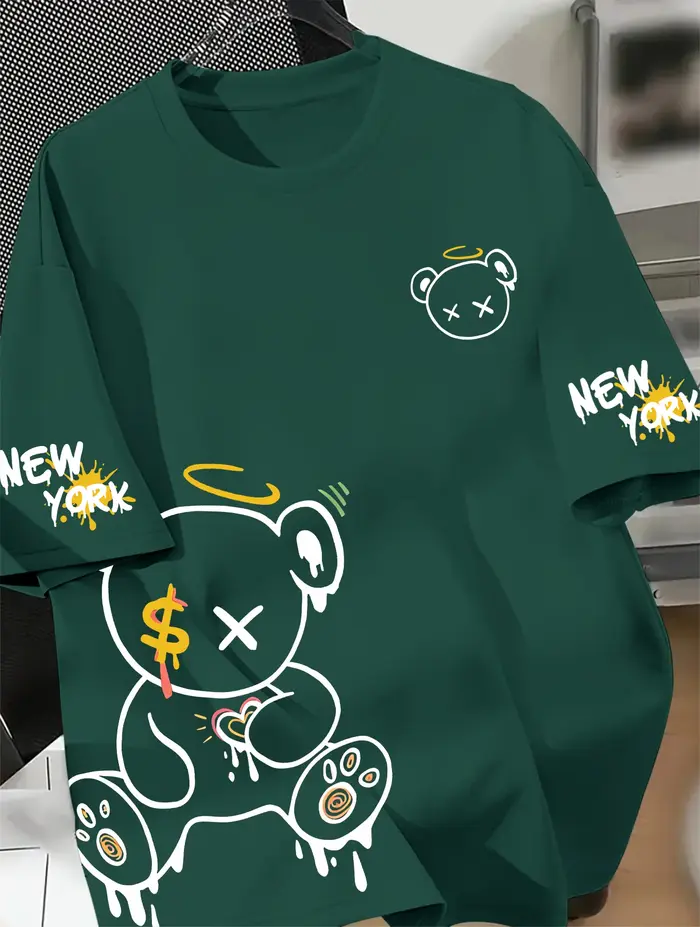 T-shirt oversize pour homme, motif dessin animé ours en peluche, manches courtes, style streetwear d