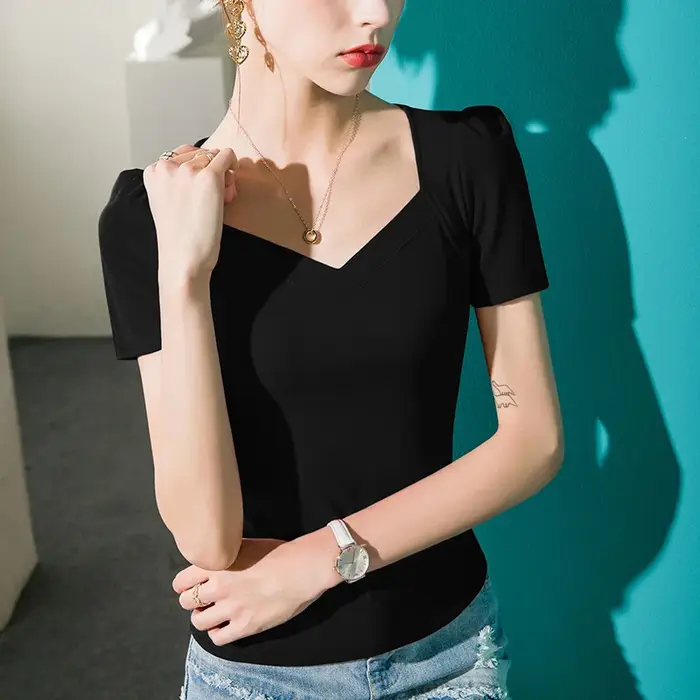 # 4418 noir blanc rouge manches bouffantes t-shirt femmes col en v coton Sexy court bureau
