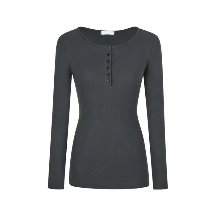 Femmes solide plaine demi bouton avant côtelé t-shirt Simple mode pull haut décontracté coupe ajusté