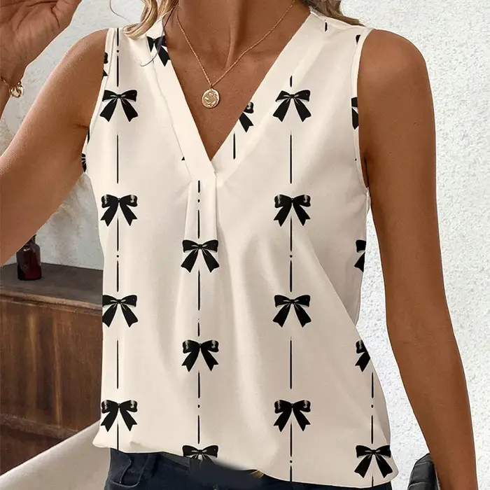 Mode nœud imprimé femmes col en v débardeur 2025 été élégant polyvalent plis mince gilet vacances décontracté sans manches bas chemise
