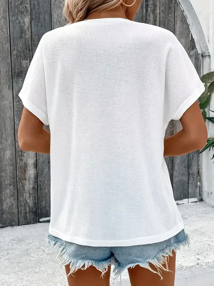 Europe et Amérique grand T-shirt à manches courtes de couleur unie femmes été nouveau col en v ample décontracté tout