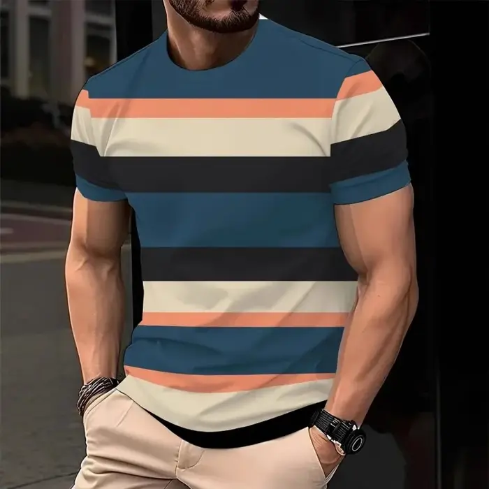 Rayures colorées motif T-Shirt pour hommes mode bloc de couleur 3D imprimé t-shirts été respirant haut col en o
