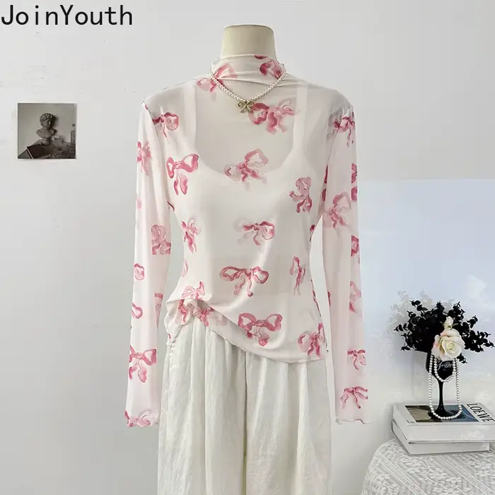Gaze femme t-shirts nœud imprimé à manches longues
