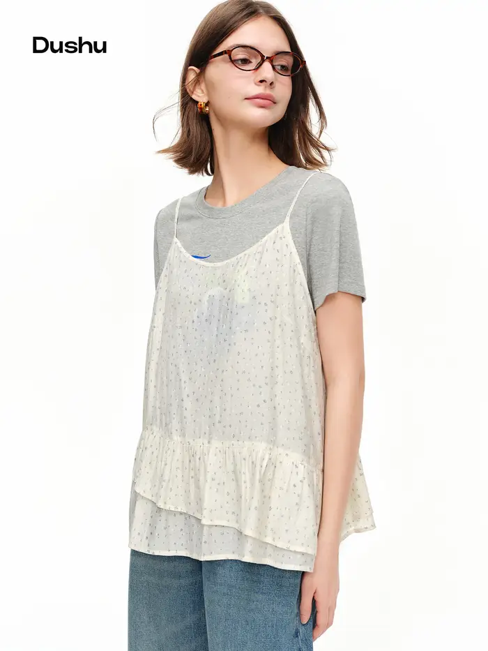 DUSHU Haut cache-cœur floral style coréen bleu clair, nouvelle collection été 2026, superposé, épaul