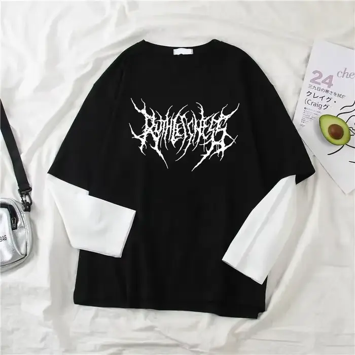 Mode Punk Style foncé imprimé col rond T-shirt Y2K Sport Harajuku mince femmes haut manches longues 