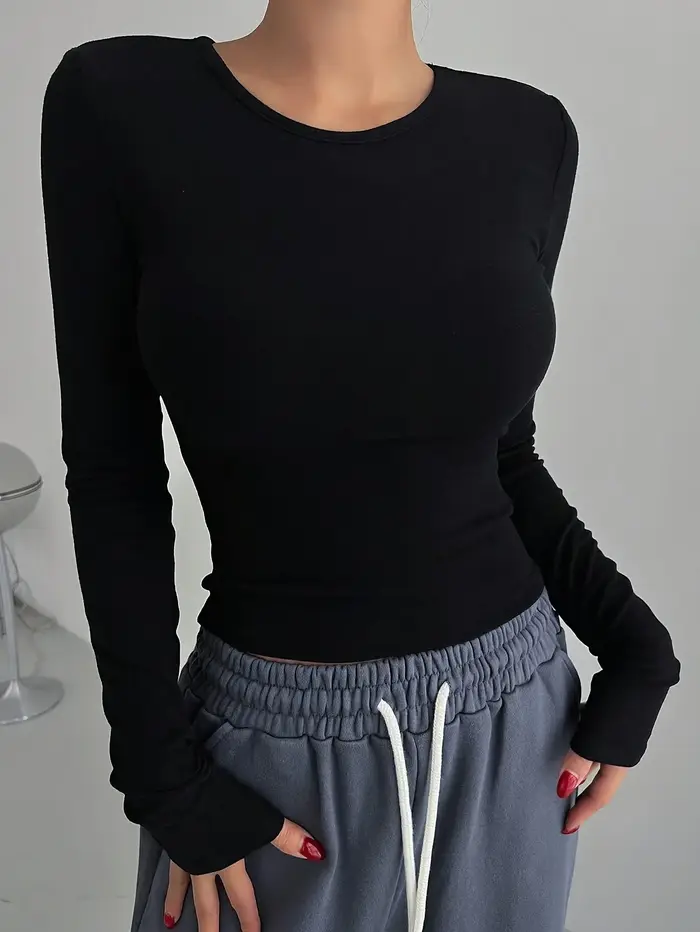 Femmes noir col rond T-shirt mince