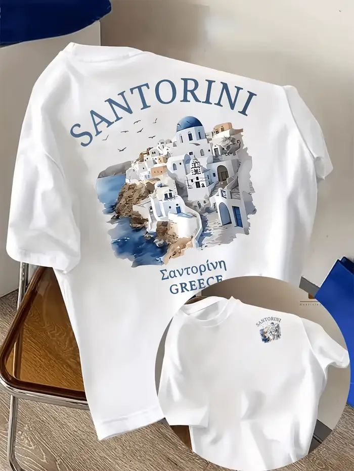 T-shirt pour homme en coton 100% avec imprimé de l'île de Santorin en Grèce, aquarelle, pour l'été,