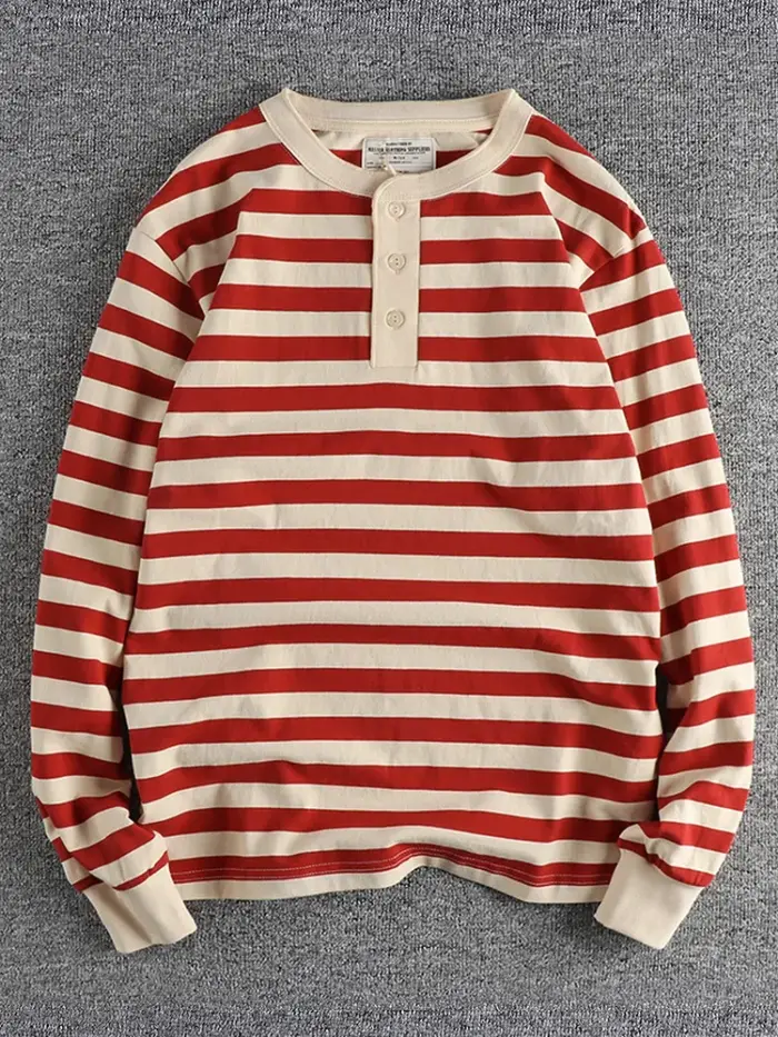 Automne américain rétro 230g poids lourd col Henry rayé T-shirt hommes mode 100% coton lavé décontracté ample résistant gars hauts