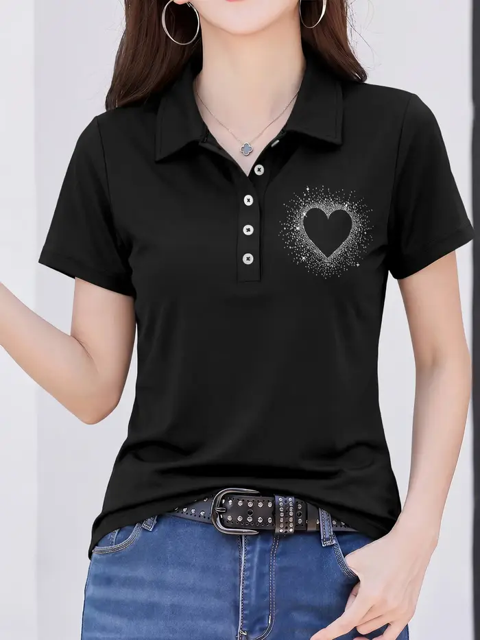 Chemises polo pour femmes avec imprimé cœur en strass scintillant, col à revers, manches courtes, co