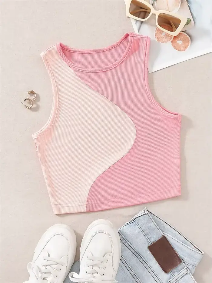 Débardeur rose en tricot côtelé pour femmes, col rond, sans manches, mignon bébé t-shirt Y2K, vêteme