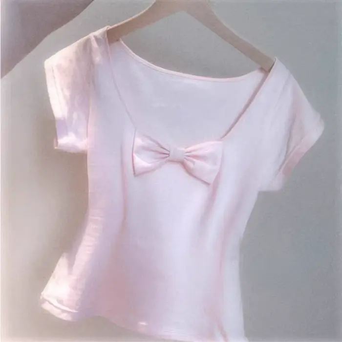 T-Shirt en coton rose pour femmes, mignon, avec nœud papillon, couleur unie, décontracté, Slim, à la