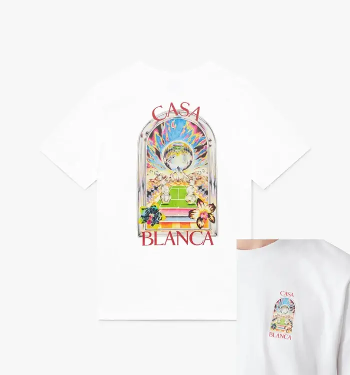 T-shirt graphique Blanca Tennis Court Arch en coton noir à manches courtes et col rond pour hommes et femmes