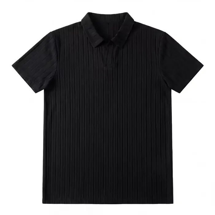 Polo en tricot côtelé pour hommes, col en V, manches courtes, t-shirt décontracté, hauts élastiques