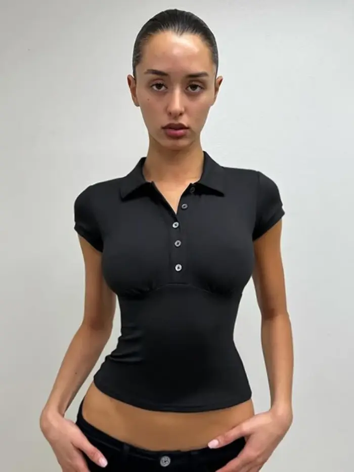 Col rabattu t-shirts pour femmes Streetwear à manches courtes haut court Y2k vêtements boutons t-shirt solide Camisetas mince Ropa Mujer