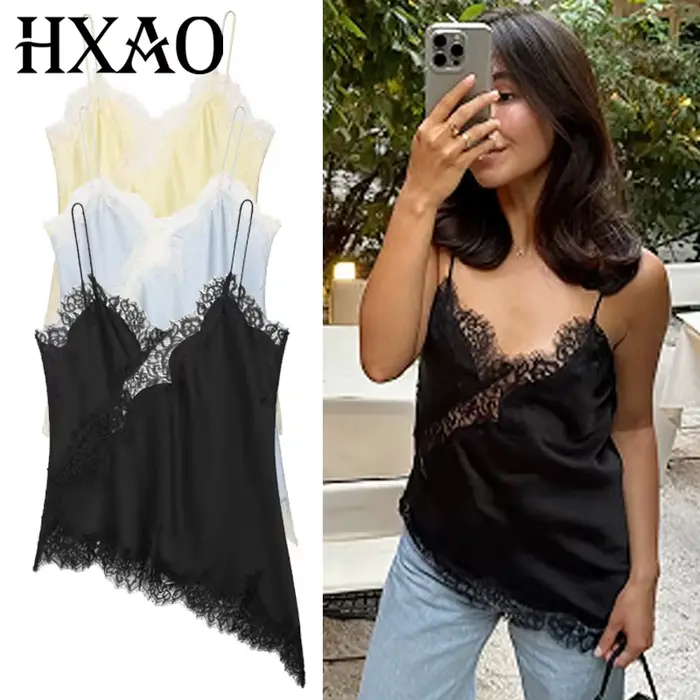 HXAO dentelle haut asymétrique femmes réservoirs & Camis été 2025 noir Slip haut sans manches dames 