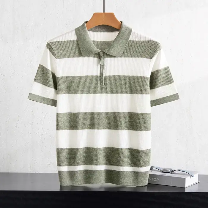 T-shirt pour homme à col polo rayé en tricot à manches courtes 100% Lyocell respirant et confortable pour le travail et les loisirs