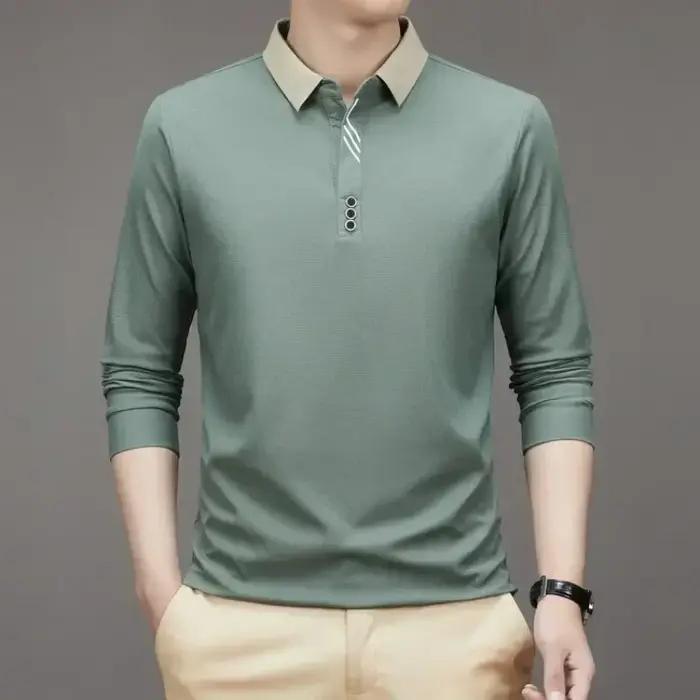 T-shirt gaufré à manches longues et col rabattu pour hommes