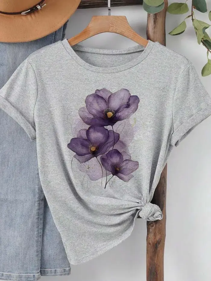 T-shirt femme violet aquarelle fleurs imprimé T petit haut filles Y2k vêtements été à manches courtes t-shirts