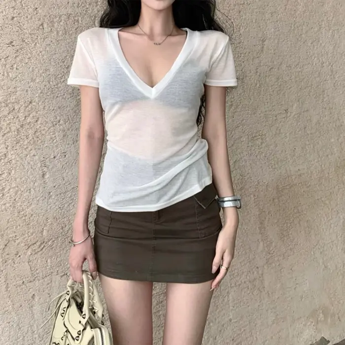 T-shirt à manches courtes transparent pour femme