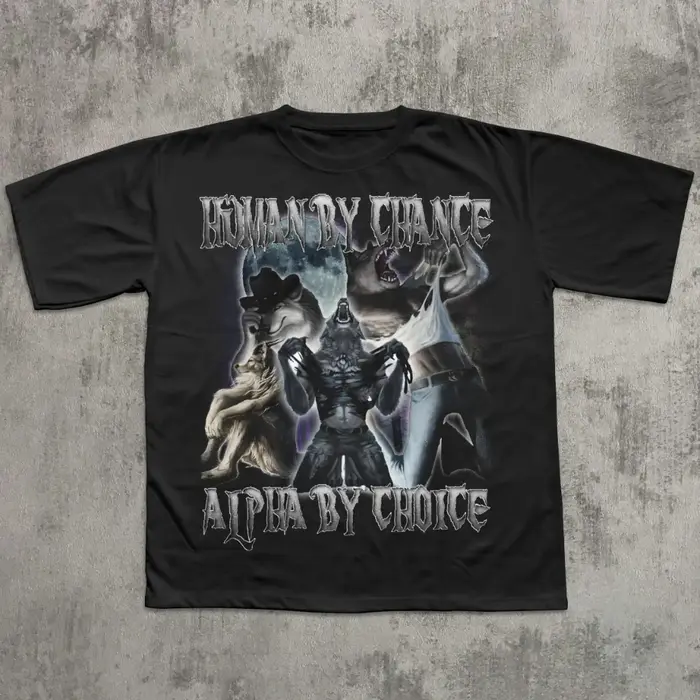 T-shirt drôle et ironique « Human By Chance Alpha By Choice » avec loup déchirant