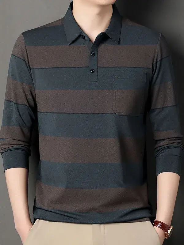 Nouveaux Polos Rayés Imprimés Tendance 2026 pour Hommes – Chemises Décontractées à Manches Longues e