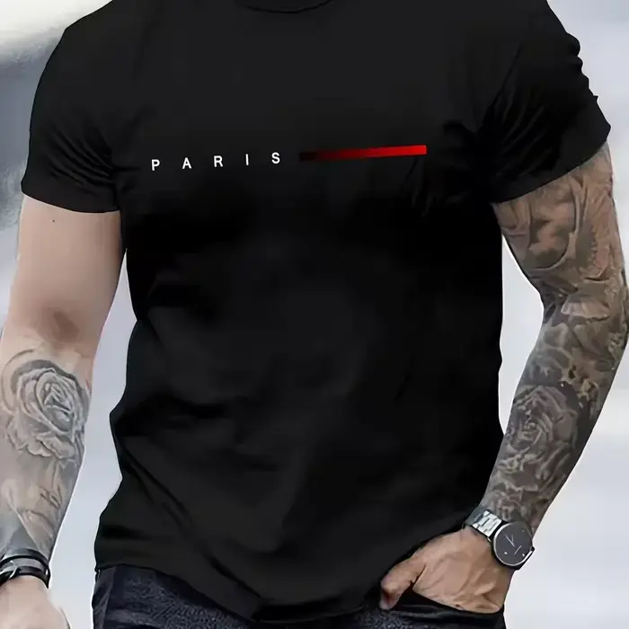 Hommes 100% coton été ample PARIS lettre créative imprimer décontracté coupe ajustée col rond manches courtes T-shirt haut