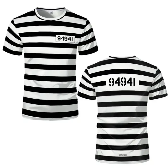 Abstract Prison uniforme style rayé imprimé T-shirt drôle jeu de rôle à manches courtes haut unisex humoristique personnalisé vêtements de rue