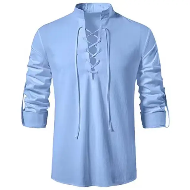 T-shirt à manches longues et col en V pour hommes, haut fin, respirant, à lacets sur le devant, chem