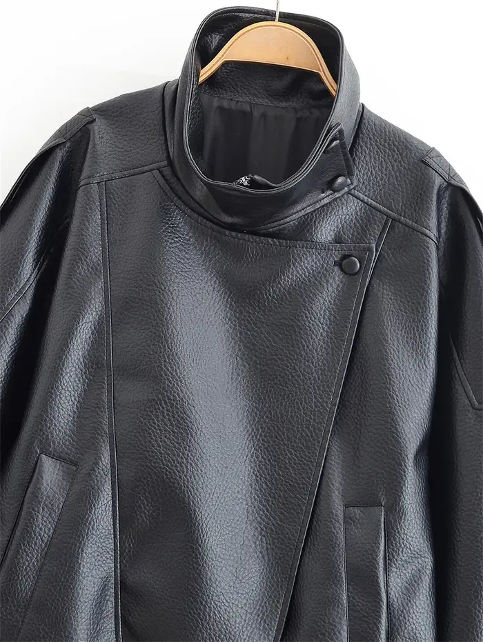 Veste femme automne 2025 nouveau noir à manches longues galets Faux cuir