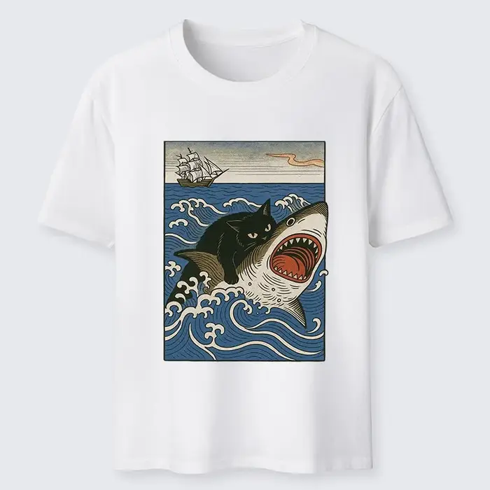 T-shirt classique à manches courtes et col rond en pur coton pour homme, motif requin chasseur de chats, style sportif Harajuku chic, coupe oversize, idéal pour l'été
