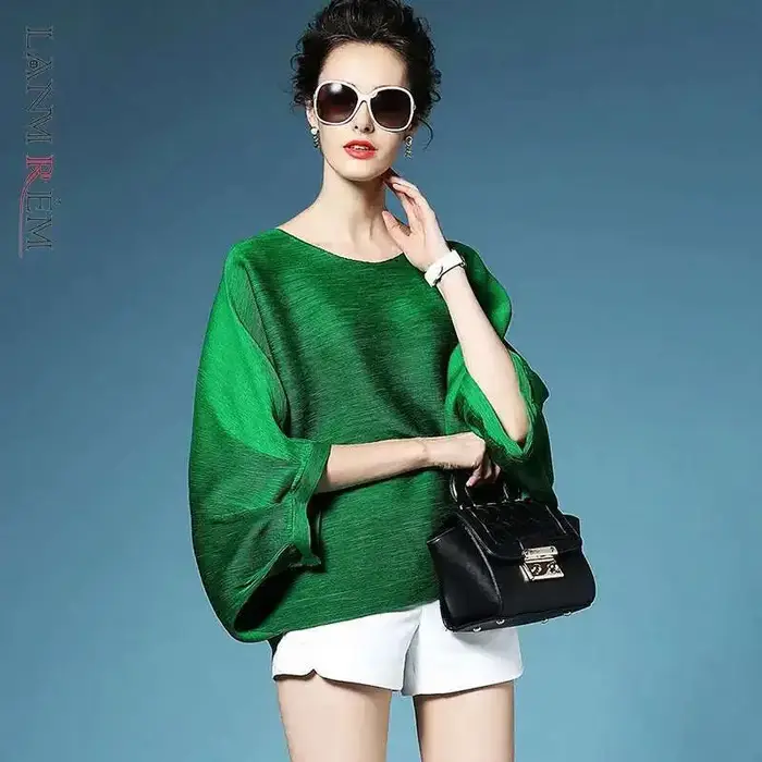 T-shirt plissé à col rond pour femme