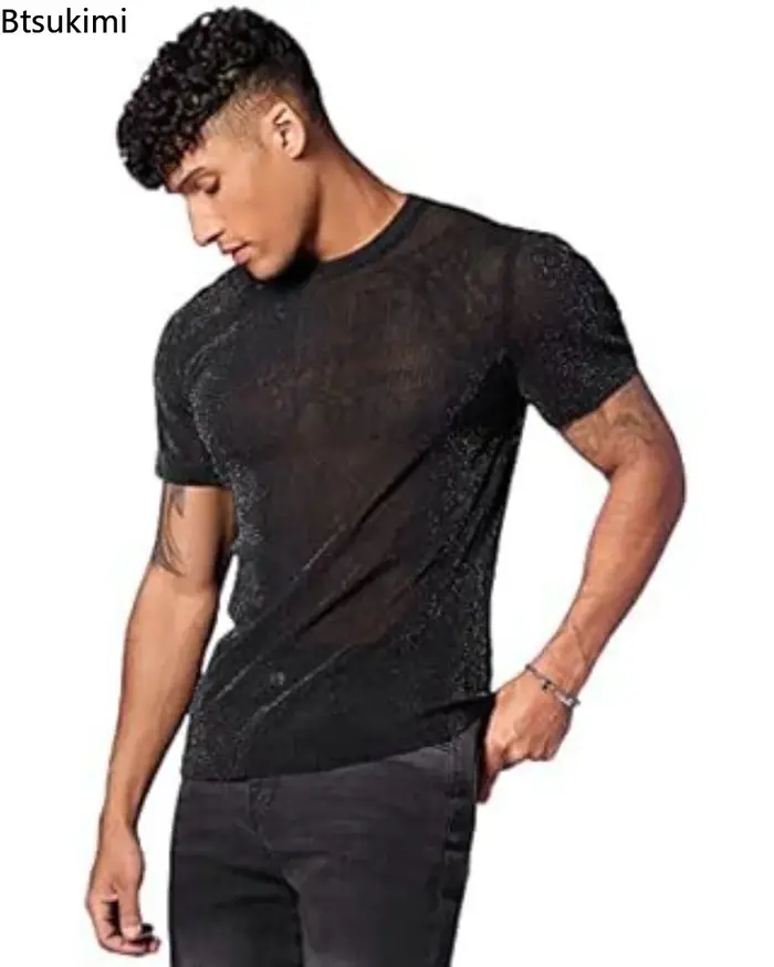 Hommes mode paillettes voir à travers T-Shirts été à manches courtes col rond décontracté hauts mâle Vintage brillant couleur unie mince T-shirt