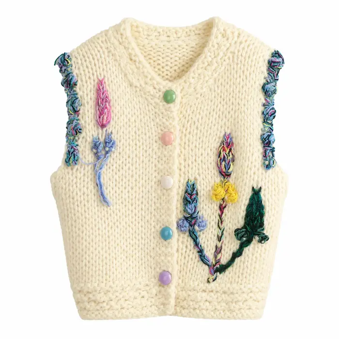 Nouveau pull sans manches pour femme, style jeune et tendance, à col rond, boutonné, en tricot color-block, pour le printemps et l'automne.