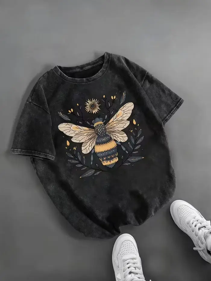 T-shirt Bee, T-shirt délavé, adapté aux trajets quotidiens, aux sorties décontractées, à la tenue qu