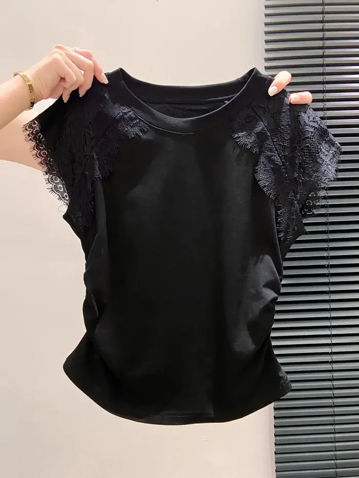 T-shirt en dentelle Patchwork pour femmes
