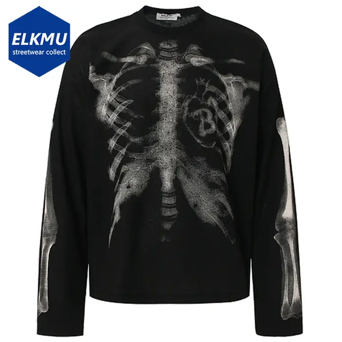 Squelette graphique T-shirts hommes Streetwear Harajuku Hip Hop surdimensionné T-shirts à manches longues t-shirt hauts noir Beige