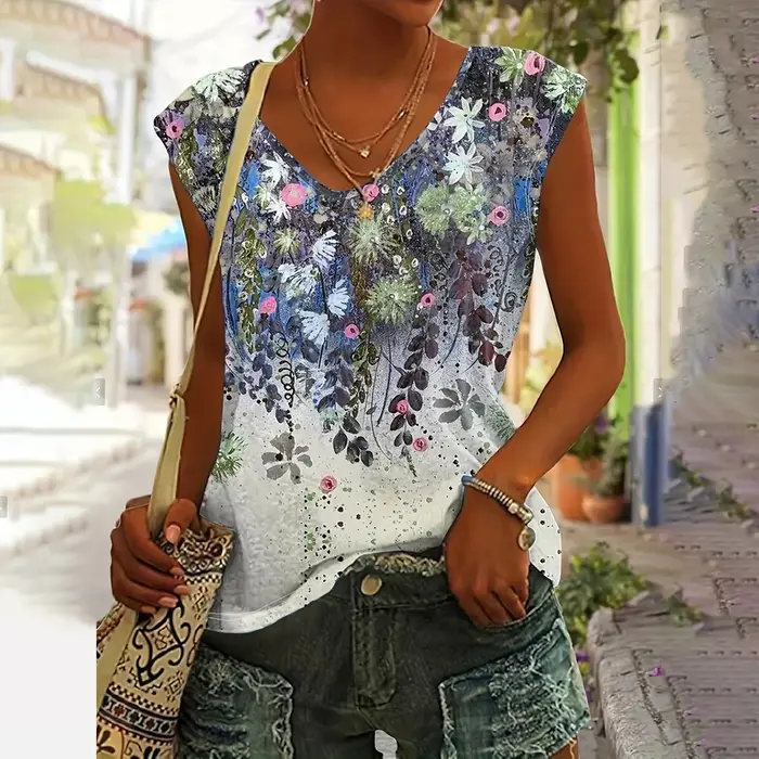 T-shirt à col en V imprimé floral 3D pour femmes